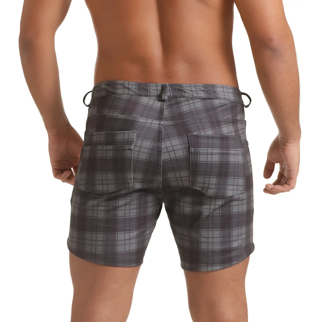 Gigo harvard gray short gray plaid swim trunks with black and white grid pattern side pockets and adjustable drawstrings