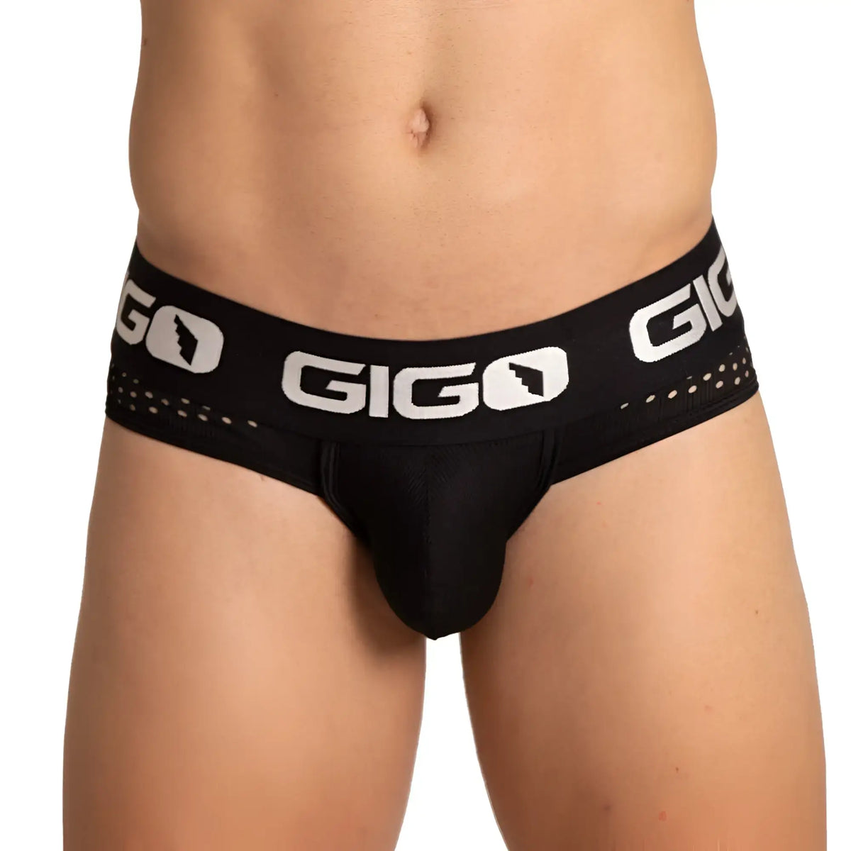 Black gigo hybrid brief jock with white logo and perforated waistband designed for comfortable support