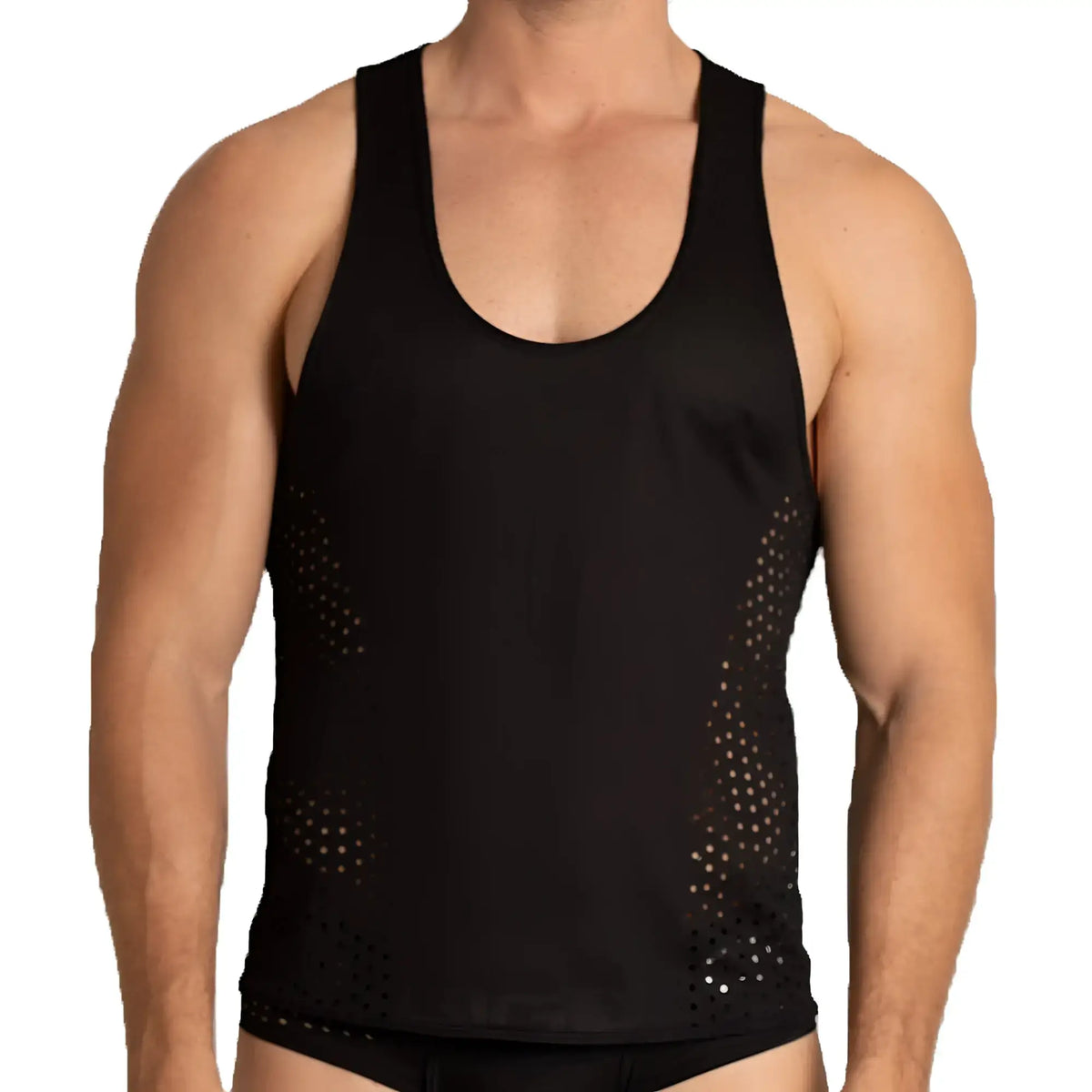 Black Gigo Hibrid tank top with breathable perforated side panels designed for athletic performance and comfort