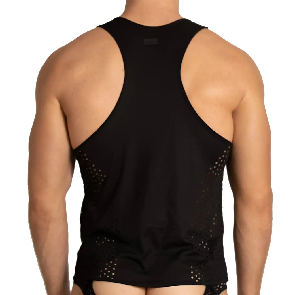 Black athletic tank top gigo hibrid with perforated mesh panels on sides and lower back shown from back side
