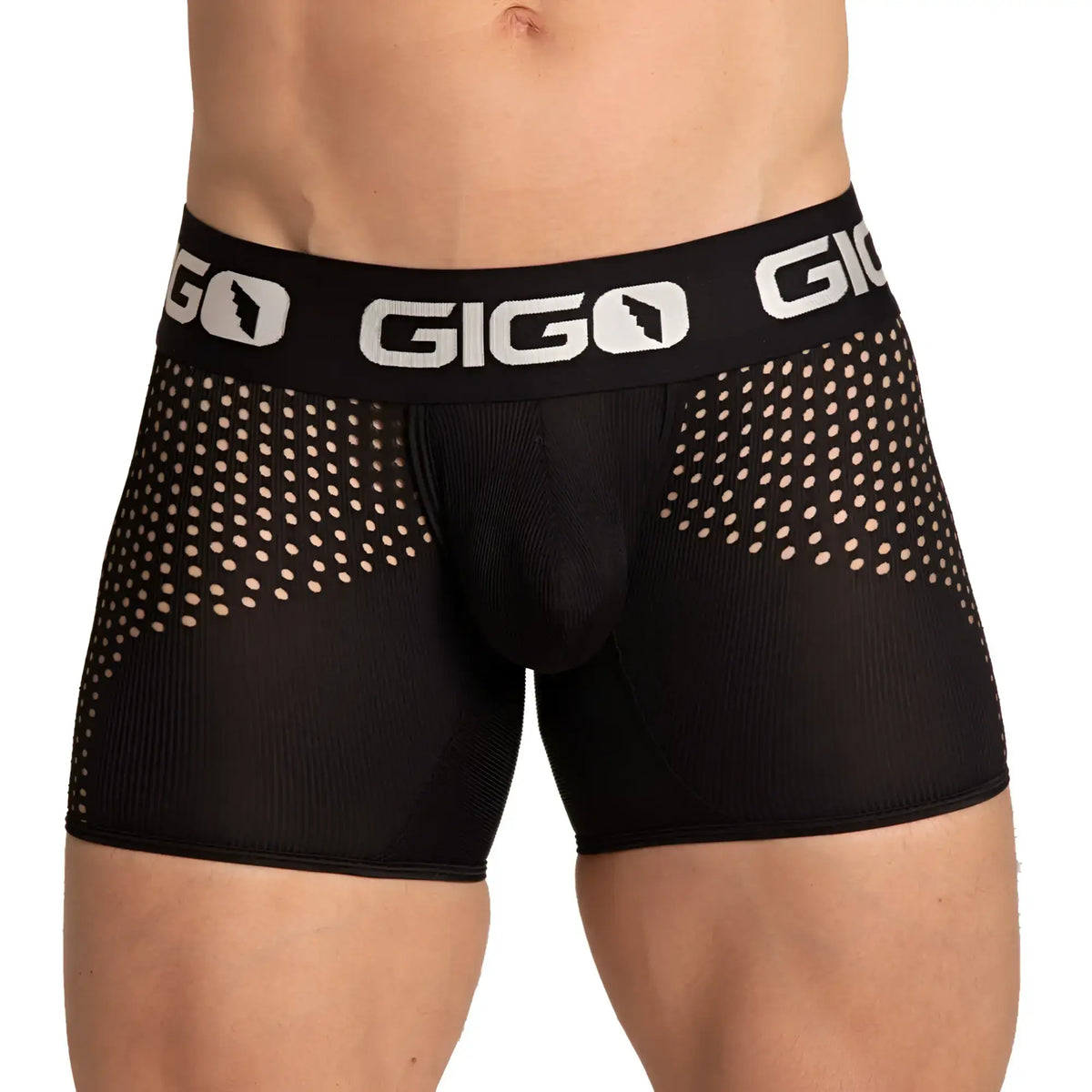 Gigo hybrid black trunk menÃ¢â‚¬â„¢s boxer briefs with mesh panel design and white gigo logo on waistband