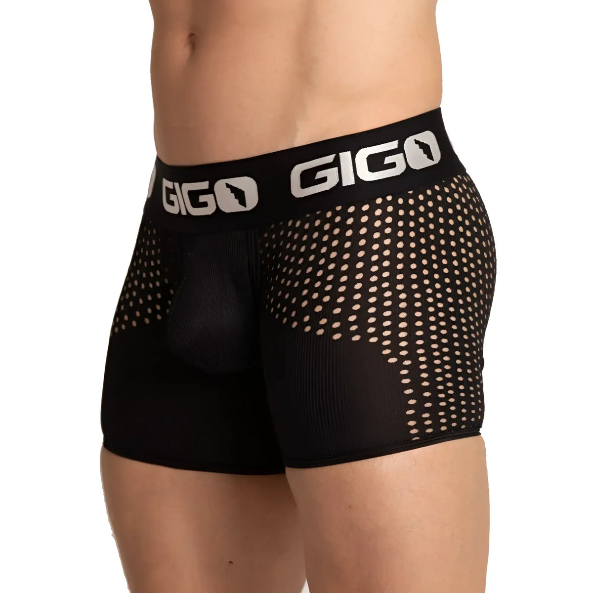 Black gigo hybrid trunk menÃ¢â‚¬â„¢s boxer briefs with black mesh pattern and white logo on the waistband