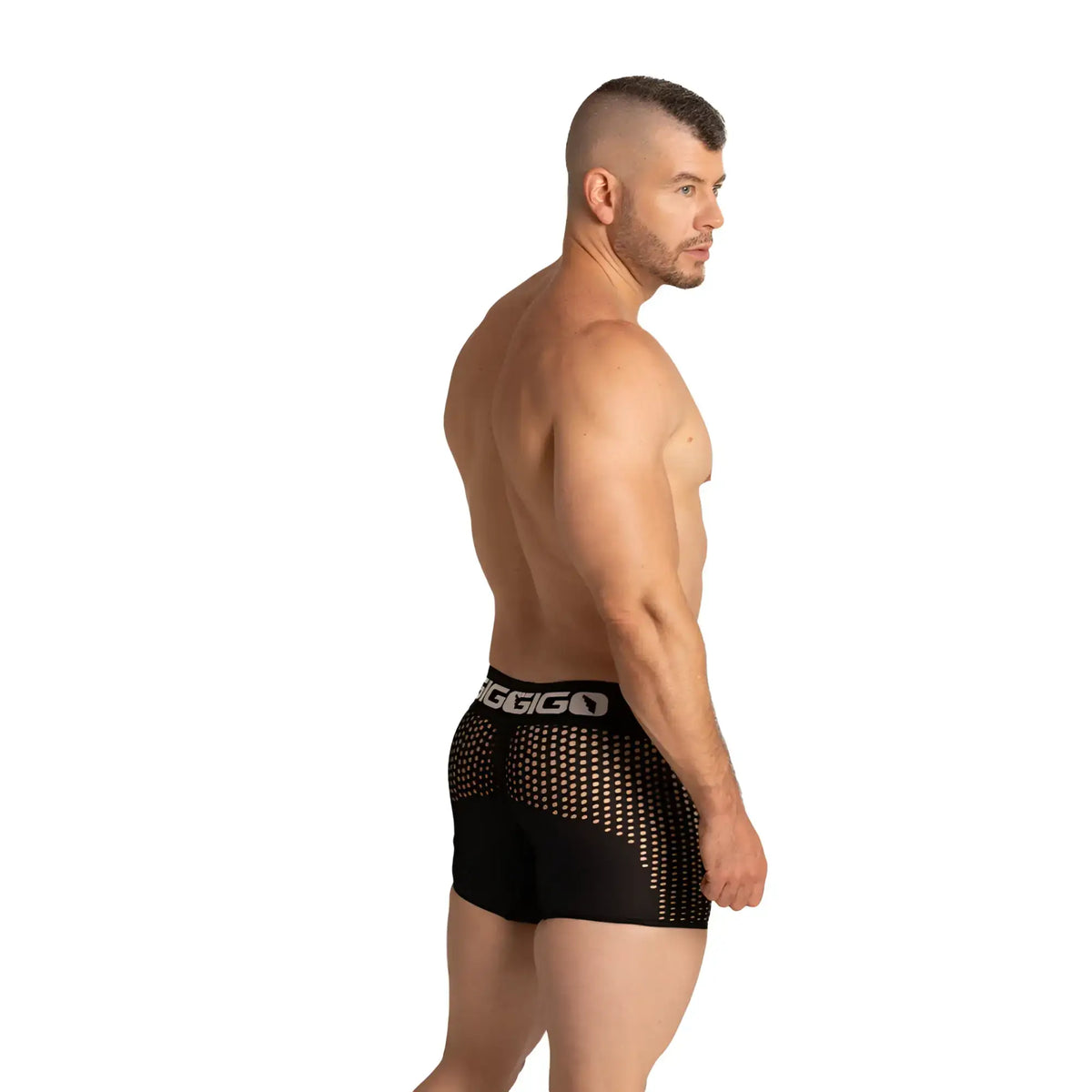 Black mesh briefs with perforated design and biggio logo on waistband from gigo hibrid black trunk collection