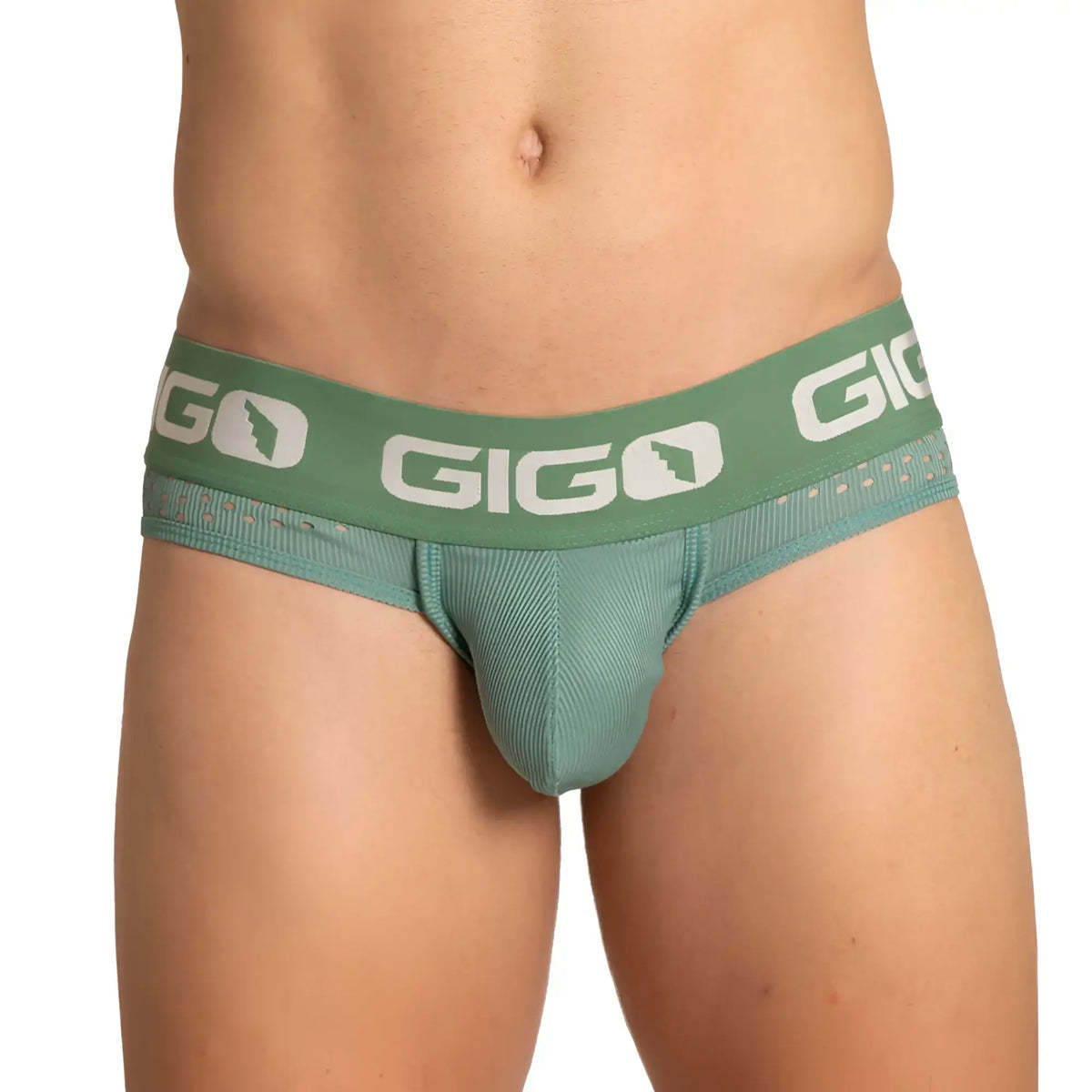 Green gigo brand brief jock in textured fabric with white logo band for comfortable activewear use