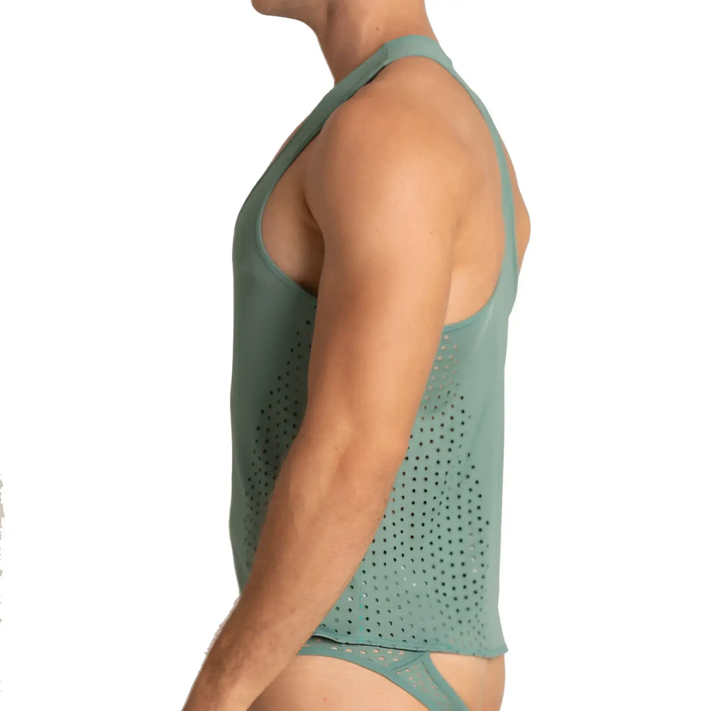 A sage green perforated mesh racerback tank top from Gigo Hibrid Green Tank collection shown from the back side