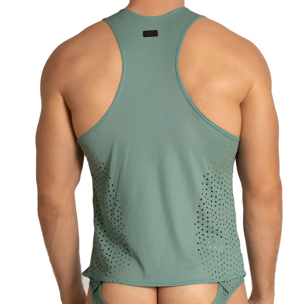 Teal ribbed athletic tank top with perforated side panels designed for workout and activewear by gigo hibrid green tank