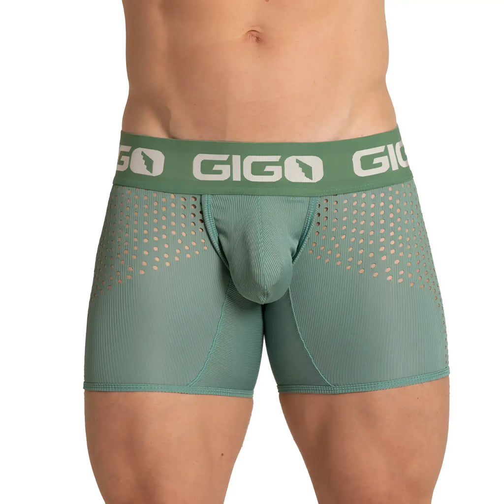 Green gigo brand menÃ¢â‚¬â„¢s boxer briefs with perforated mesh design and ribbed fabric in bright green colour