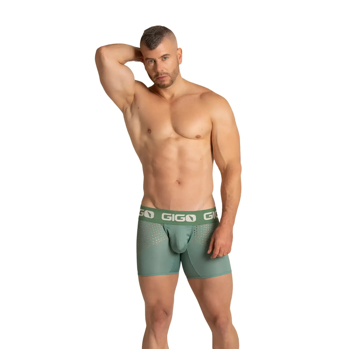 MenÃ¢â‚¬â„¢s sage green giga brand boxer briefs with a perforated waistband from gigo hibrid green trunk collection