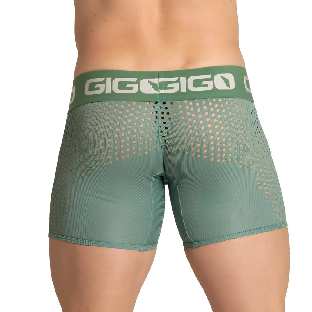 Gigo Hibrid green trunk boxer briefs with green mesh fabric and solid waistband featuring the gigigo logo in white