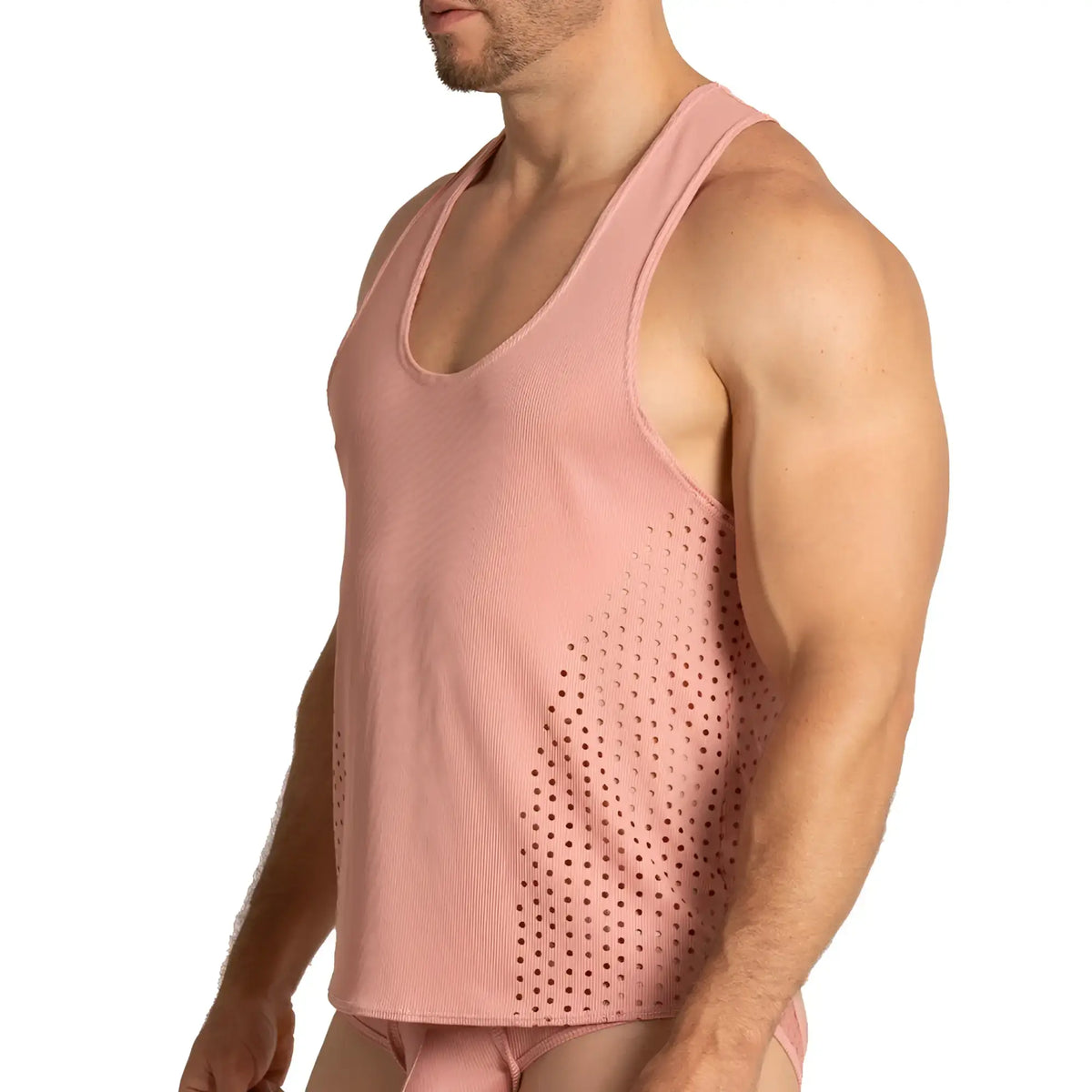 Pink ribbed gigo hibrid nude tank top with a perforated side panel for breathable comfort