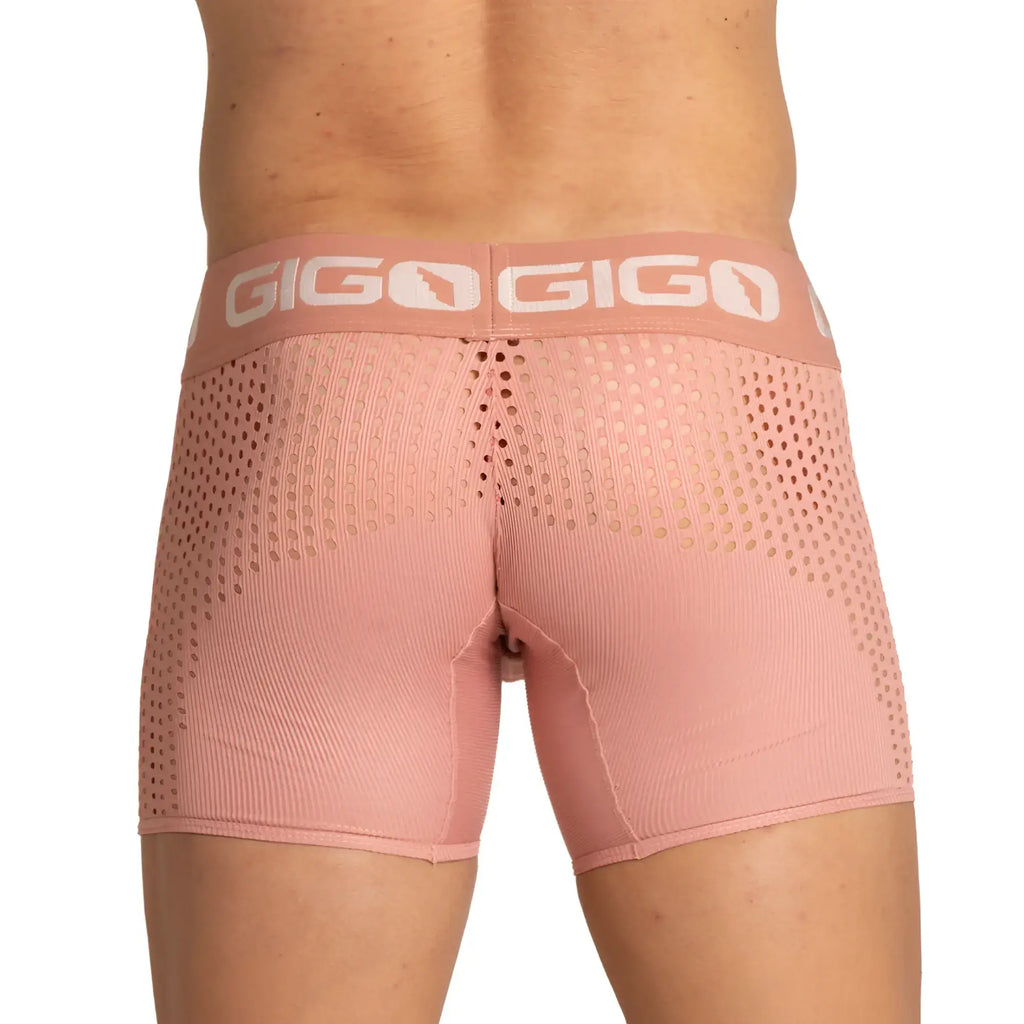 Pink gigo hybrid nude trunk boxer briefs with mesh back and ribbed fabric showing the back side of the product
