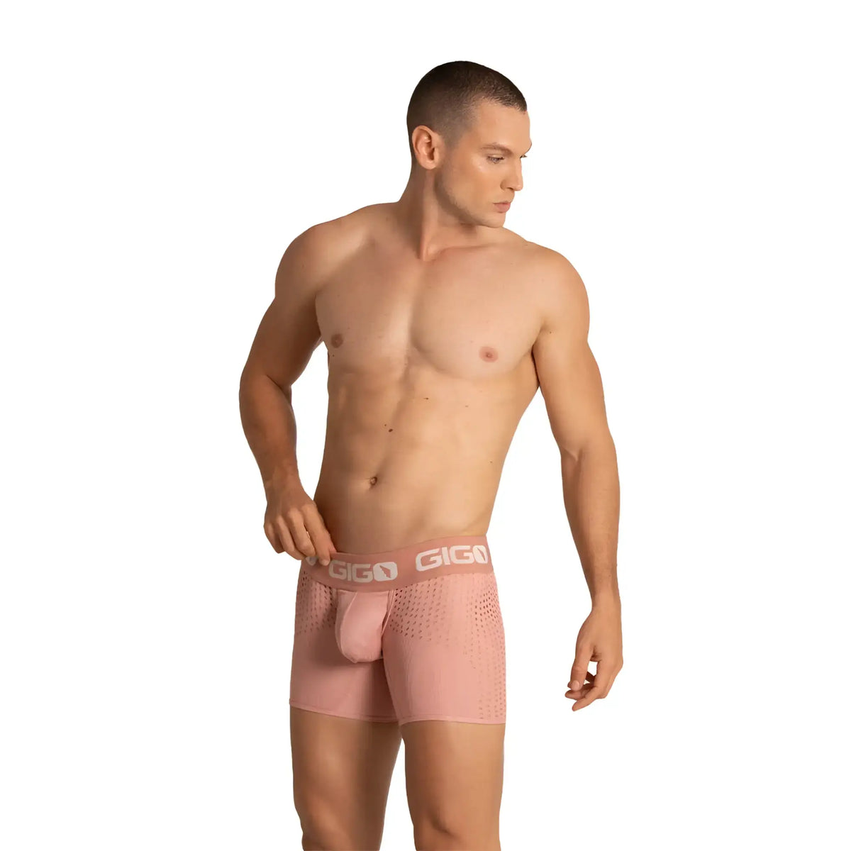 Pink gigo brand menÃ¢â‚¬â„¢s boxer briefs with nude mesh texture and elastic waistband in gigo hibrid nude trunk design