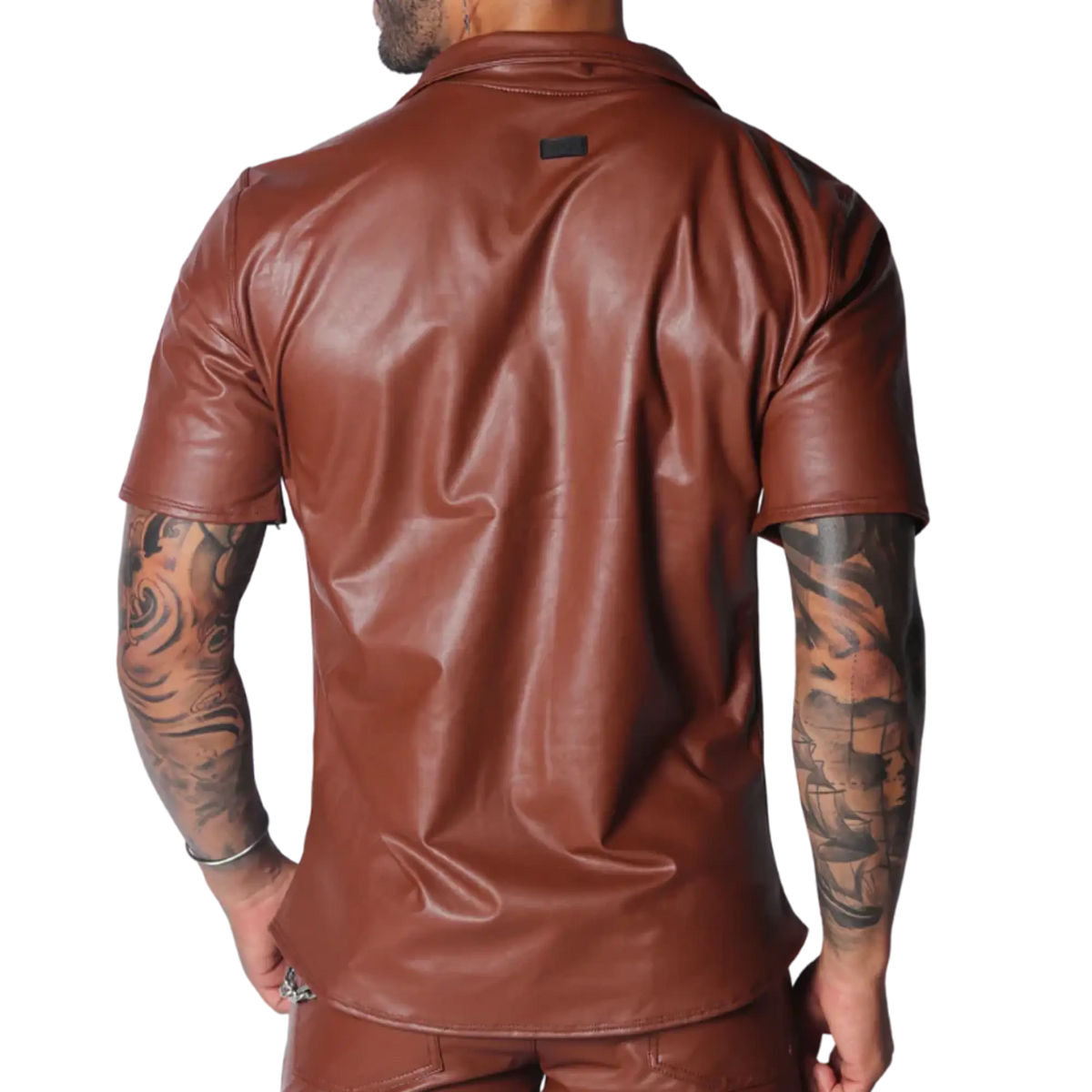 Brown faux leather short-sleeve button-down shirt with a classic collar and a small branded patch on the upper back.
