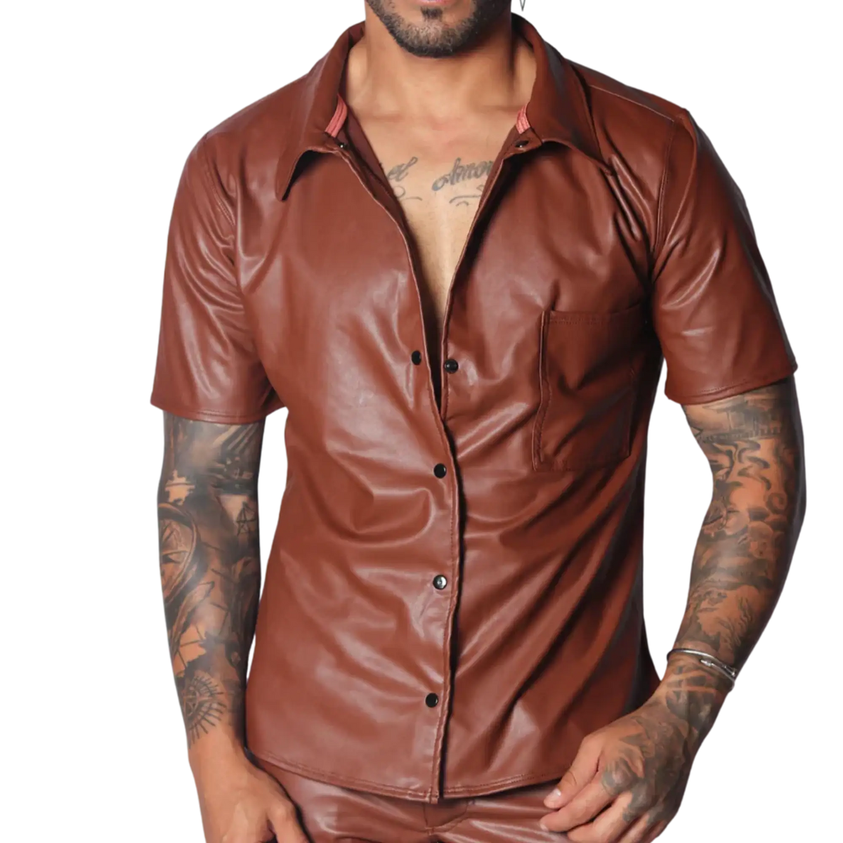 Brown short-sleeve button-down shirt in smooth faux leather with a classic collar and single chest pocket.