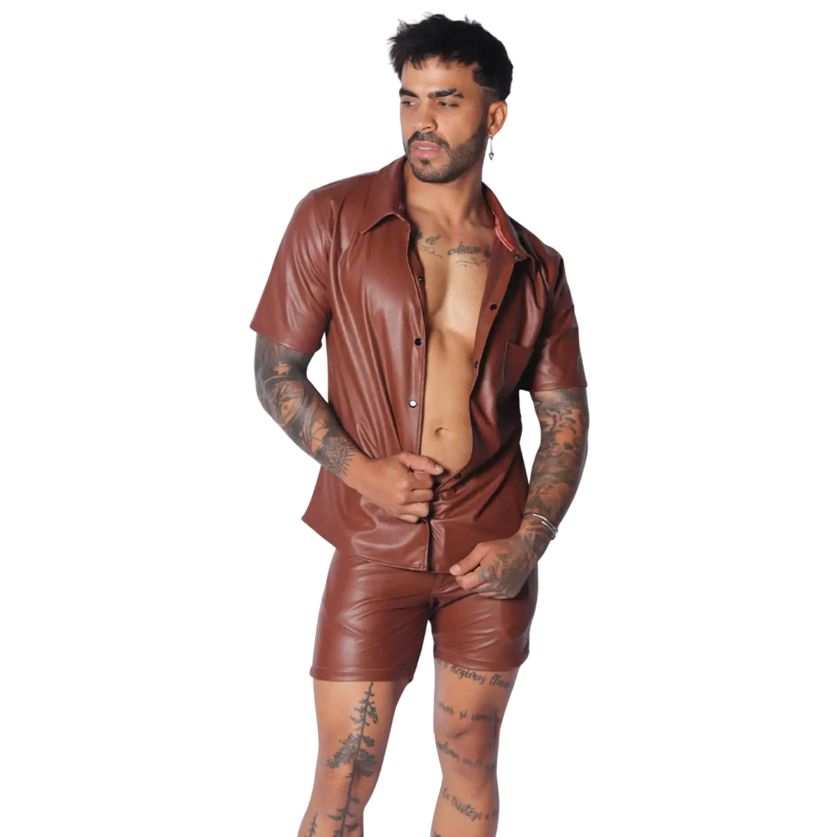 Brown short-sleeve button-down shirt in smooth faux leather with a classic collar and chest pocket.
