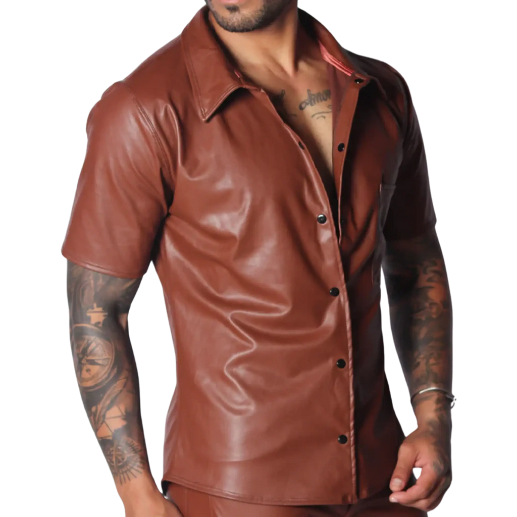Brown short-sleeved faux leather button-down shirt with a classic collar, worn open over a bare chest.