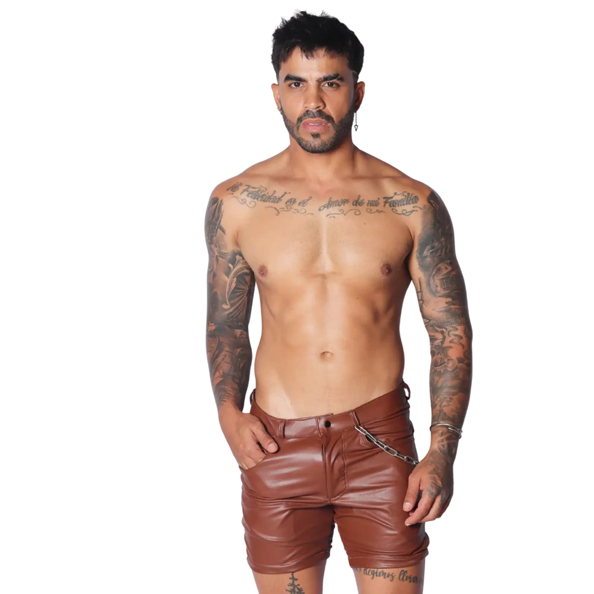 Brown faux leather shorts with a slim fit, belt loops, and a decorative silver chain detail at the hip.