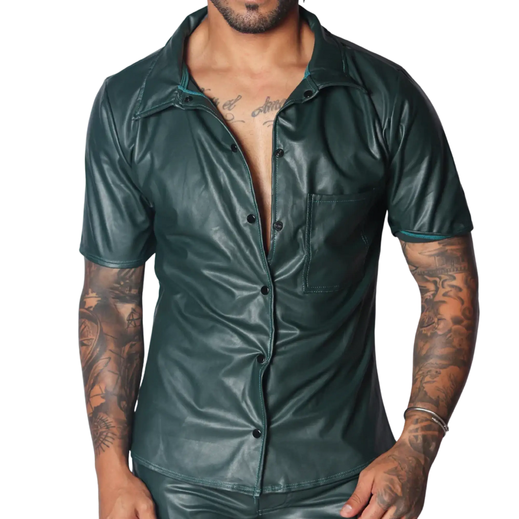 Dark green short-sleeved button-up shirt in faux leather with a classic collar and single chest pocket.