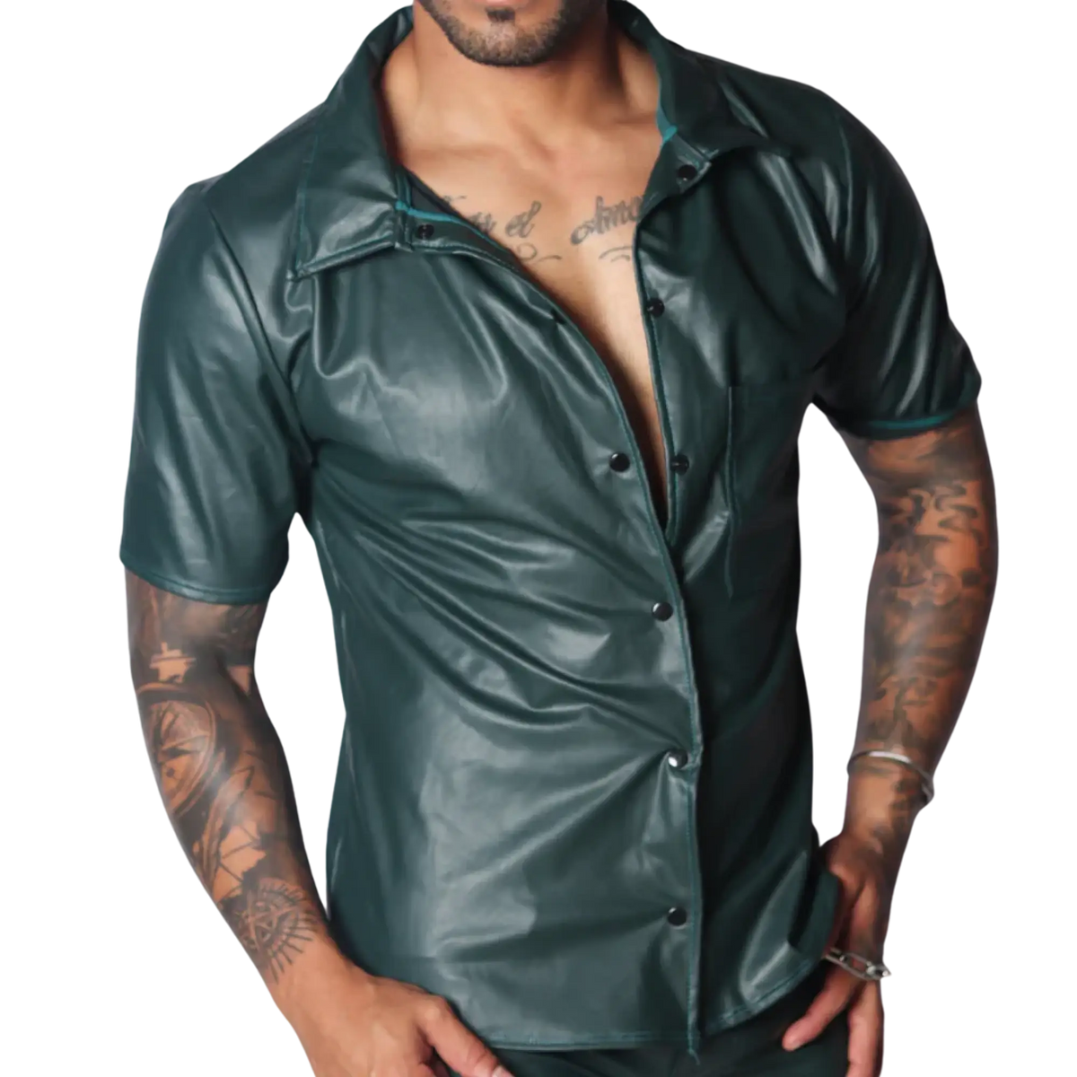 Dark green short-sleeve button-down shirt in a sleek, faux-leather material with a classic collar.