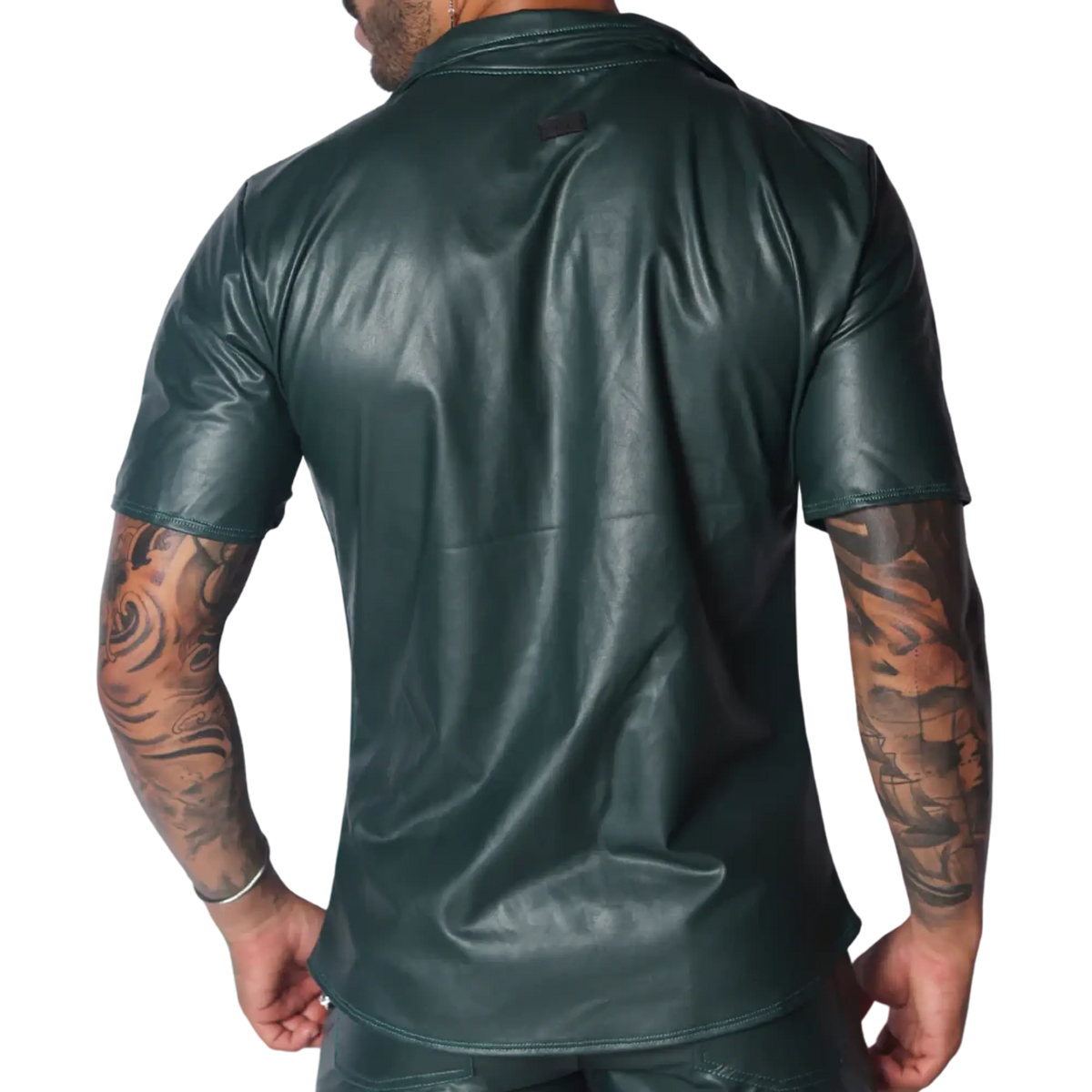 Dark green short-sleeve button-down shirt in smooth faux leather with a classic collar and small back neck logo patch.