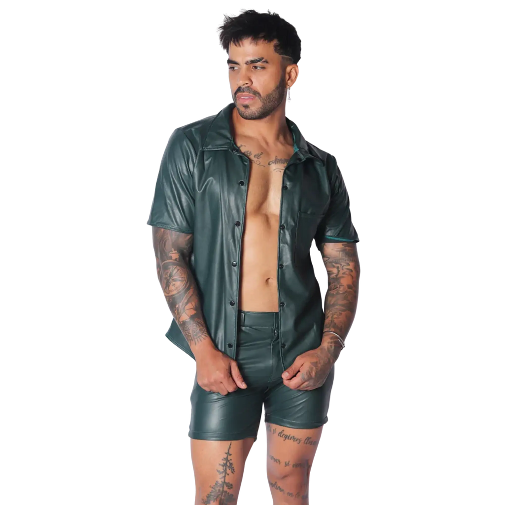 Dark forest green short-sleeve button-up shirt in a smooth faux leather finish with a classic collar.