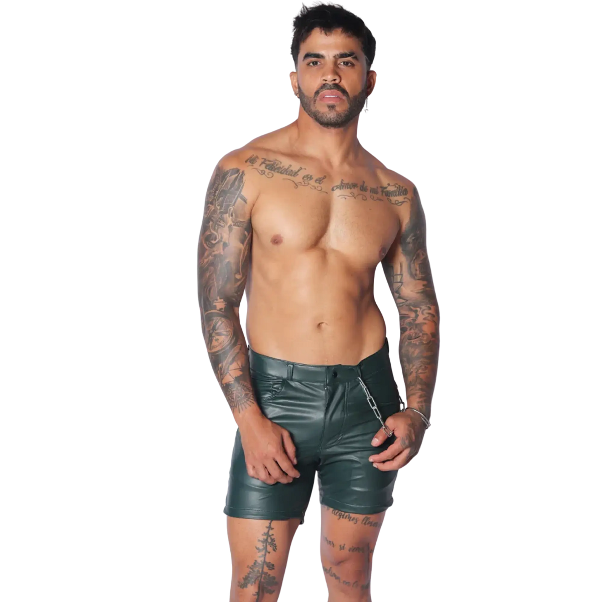 Men's dark green faux leather fitted shorts with a zipper closure and a silver chain accessory at the waist.