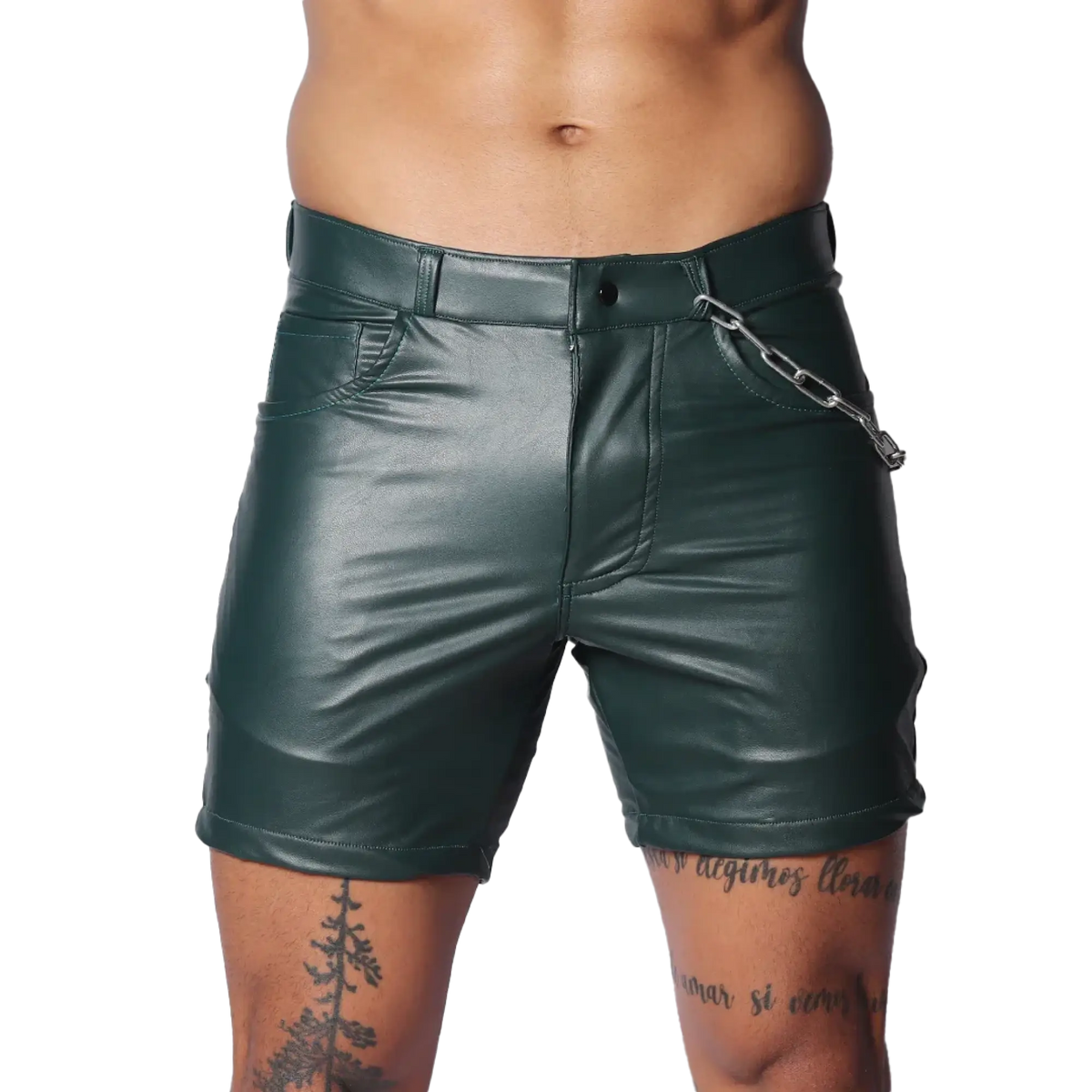 Dark green faux-leather shorts with a button closure, belt loops, and a decorative silver chain on the front pocket.