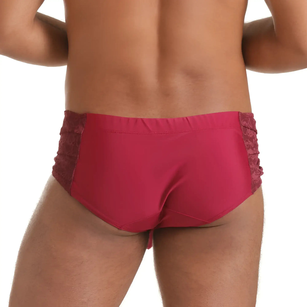 Red lace-trimmed briefs in satin-like fabric designed as gigo hindu wine swim brief for stylish swimwear use