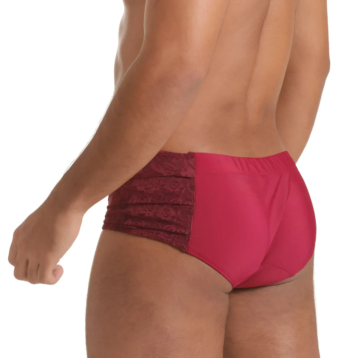 Gigo Hindu Wine swim brief in red and maroon with a lace side panel designed for comfortable swimming