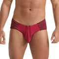 A vibrant fuchsia gigo hindu wine swim brief with lace trim and central drawstring for men