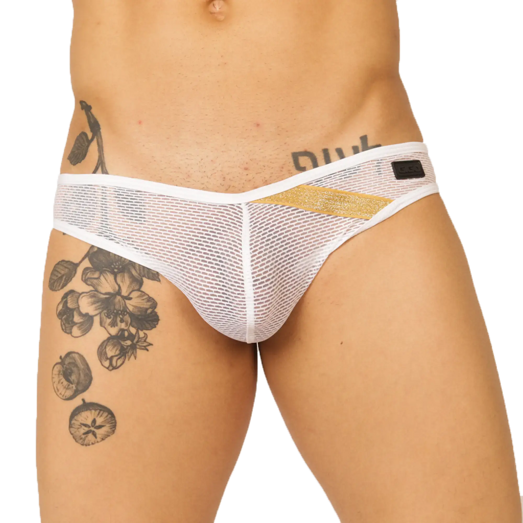 White mesh briefs with gold glitter stripe and black floral tattoo design on the leg gigo hit white brief