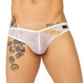 White mesh briefs with gold glitter stripe and black floral tattoo design on the leg gigo hit white brief