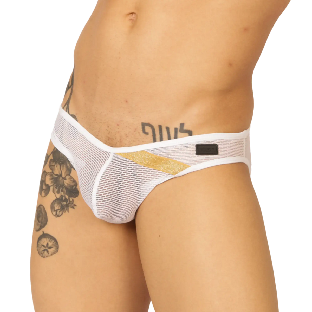White mesh briefs with gold foil accent and black trim from Gigo Hit White Brief collection