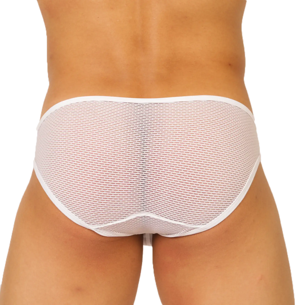 White briefs by Gigo Hit featuring a subtle repeating text pattern across soft white fabric for everyday comfort