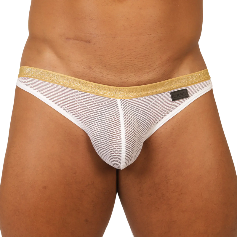Gigo Hit white jockstrap with white mesh briefs gold glitter waistband and black silco brand tag visible