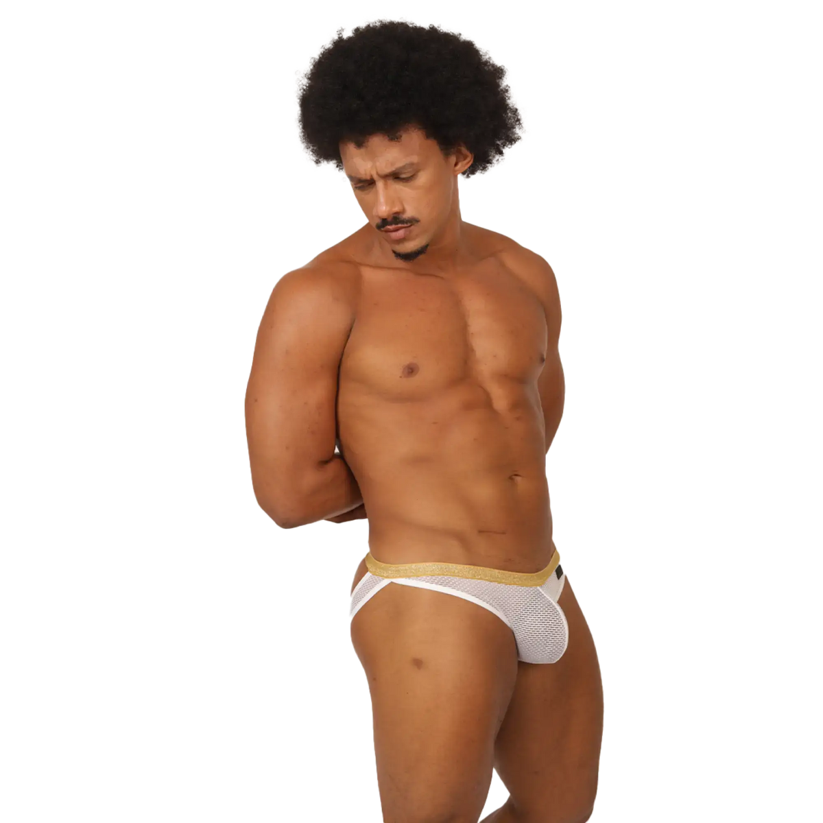 White mesh briefs with a gold waistband from gigo hit white jockstrap featuring breathable fabric and supportive design