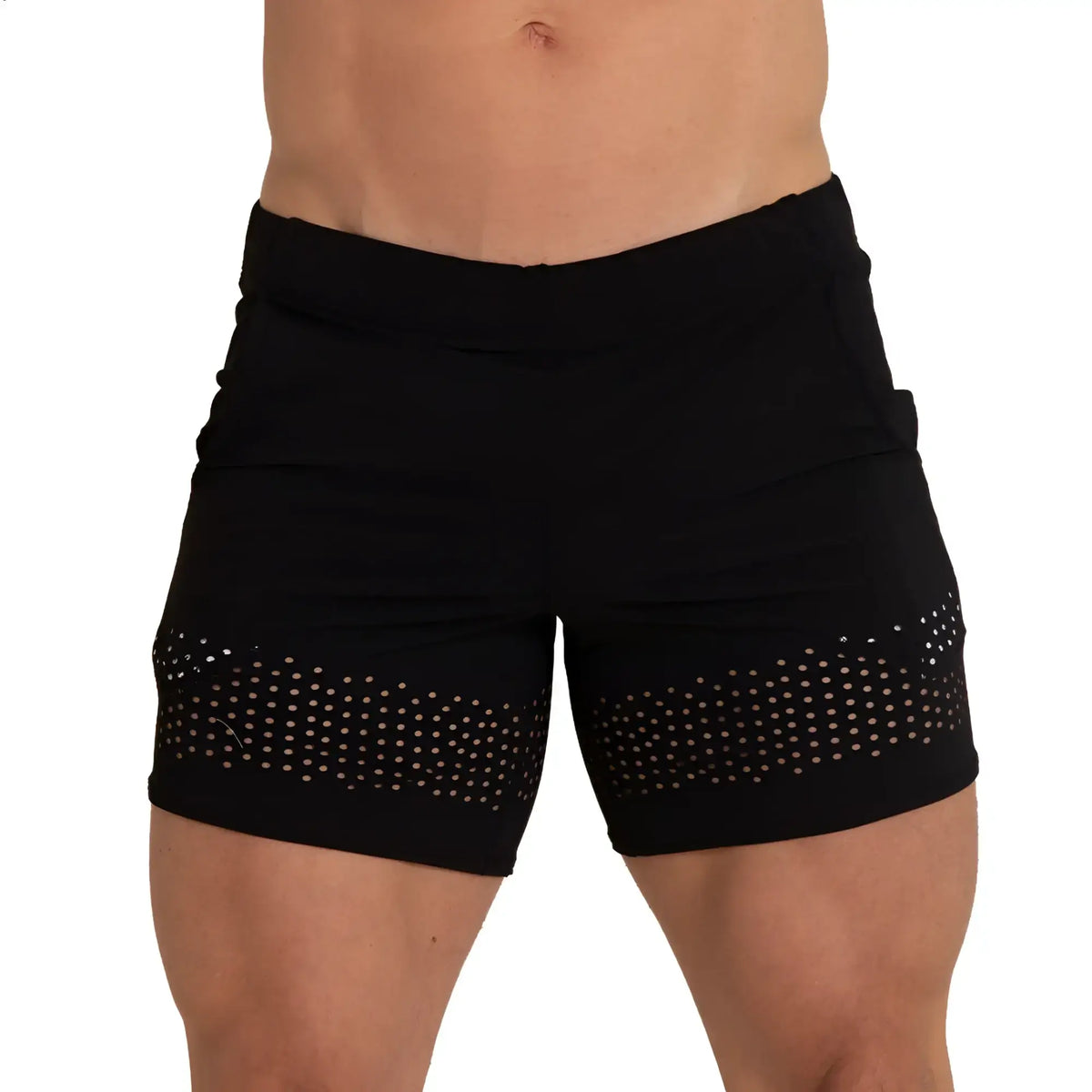 Black athletic shorts with perforated mesh panel hem featuring small white dots from gigo hole black beachwear