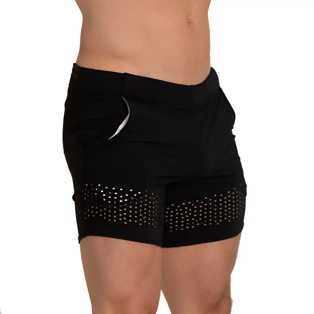 Black athletic shorts gigo hole with perforated mesh panel and silver side accent for beachwear use