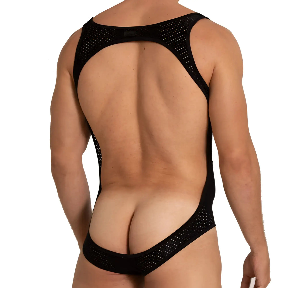 Black mesh one-piece swimsuit with cutout back and high-cut leg design shown from the back for a sleek look