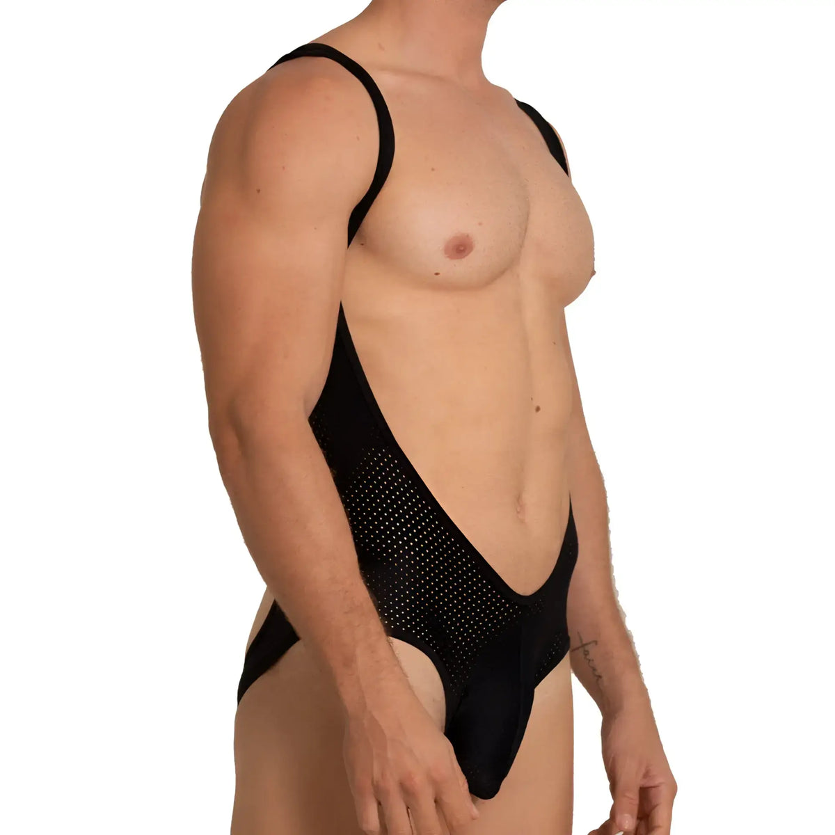 Black mesh one-piece swimsuit with plunging neckline and side cutouts from gigo hole black body collection