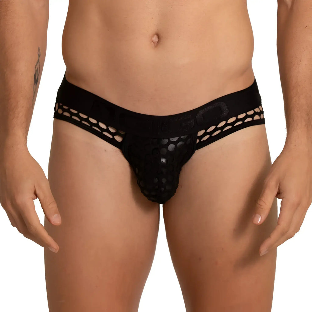 Black mesh briefs with a solid waistband featuring an embossed logo from gigo hole black brief jock collection