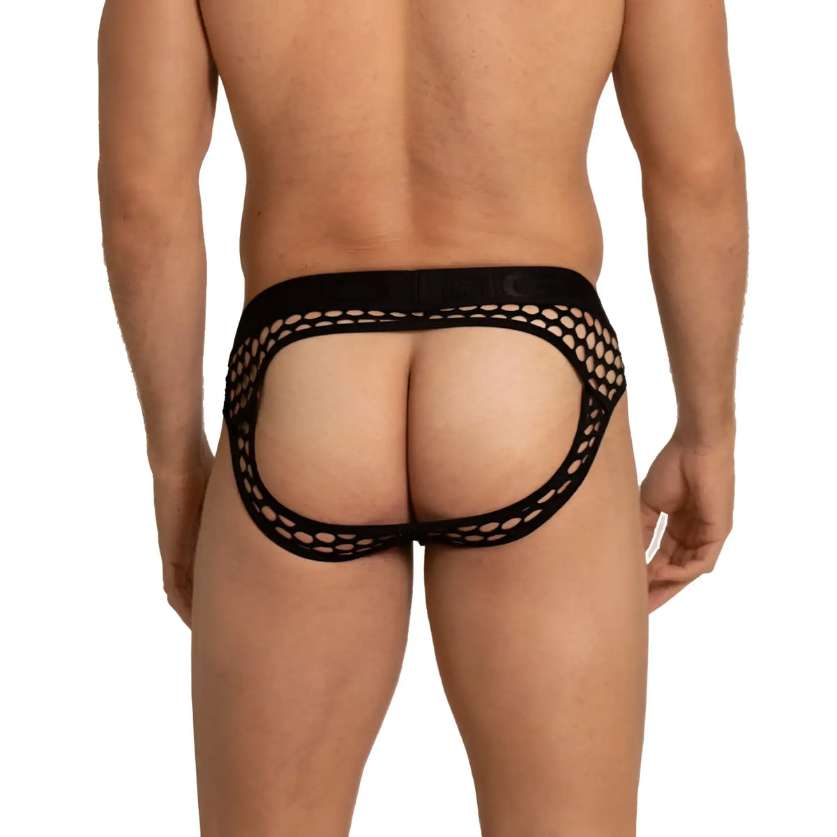 Black mesh briefs with a wide solid waistband from gigo hole black brief jock collection front view