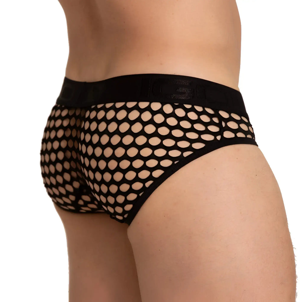 Black mesh briefs with a solid black elastic waistband from the gigo hole black brief collection