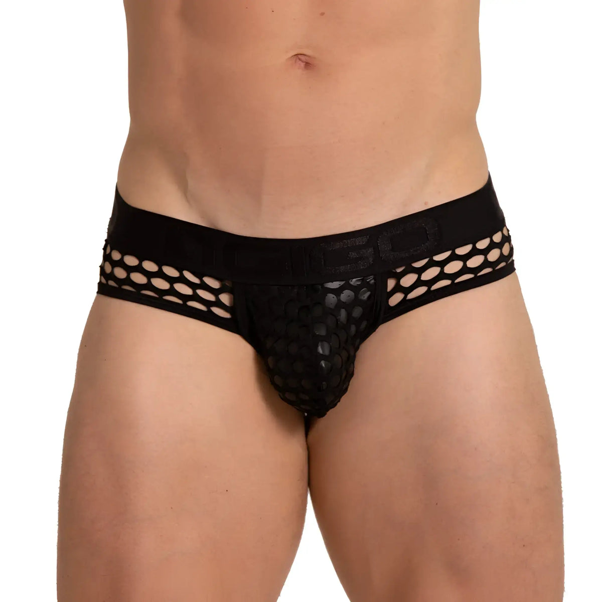 Black mesh briefs with a solid waistband featuring an embossed logo from the gigo hole black brief collection