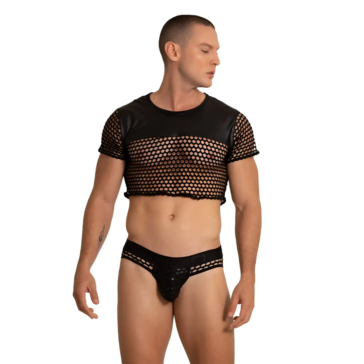 Gigo Hole black mesh crop top with short sleeves and round neckline paired with matching black mesh briefs