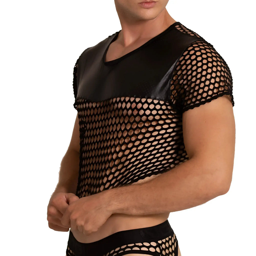 Black mesh gigo hole crop top with faux leather panels on shoulders and chest for stylish wear