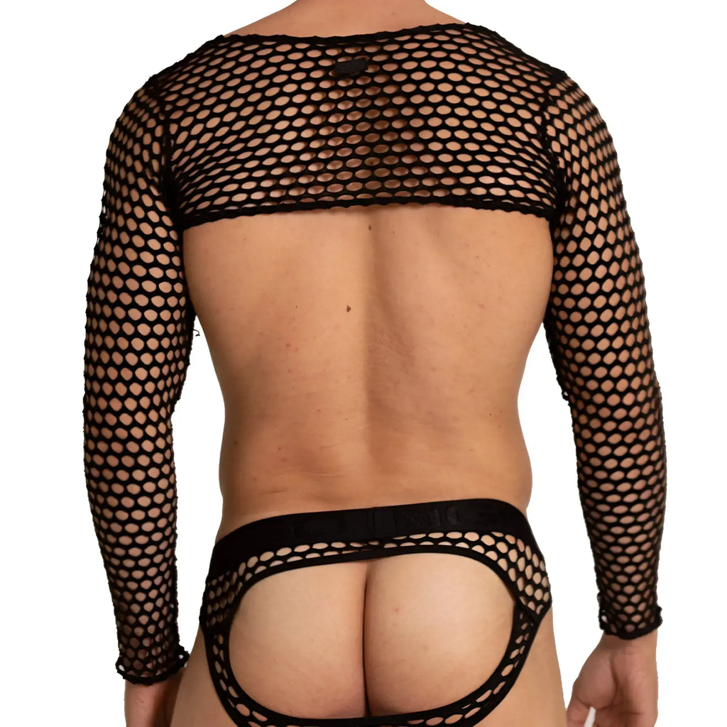 Back view of gigo hole black harness fishnet long sleeve top with open back and matching black mesh briefs