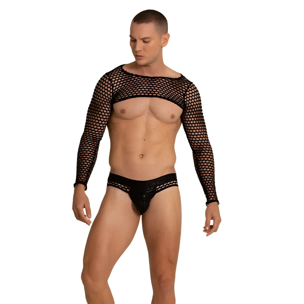 Black mesh long-sleeved harness top with fitted form-fitting design in the style of gigo hole black harness