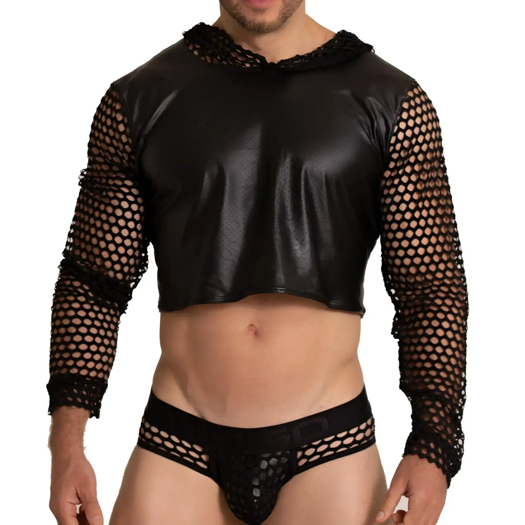 Black faux leather crop top with mesh sleeves and hood from gigo hole black hoody tshirt collection