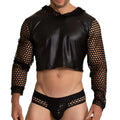 Black faux leather crop top with mesh sleeves and hood from gigo hole black hoody tshirt collection